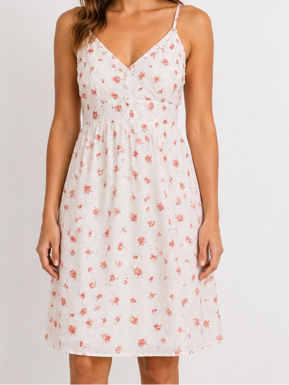Guess Jeans Floral Eyelet Dress XL Y2K White Pink Knee Length Spaghetti Strap
